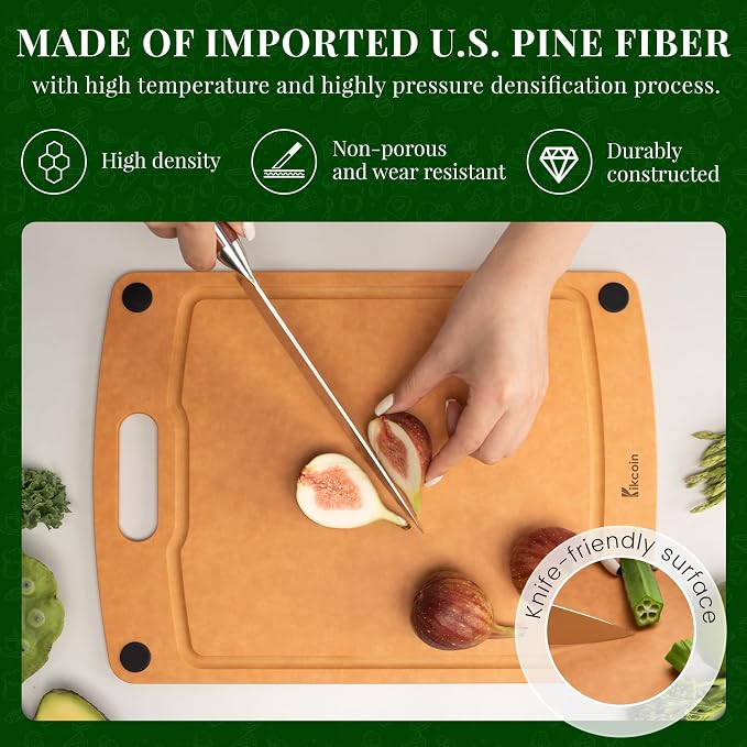 Kikcoin Wood Cutting Board, Cutting Boards for Kitchen Dishwasher Safe Non-slip Chopping Board with Juice Groove, Wood Fiber Composite Cutting Board with Handle, 14.6"*10.8"