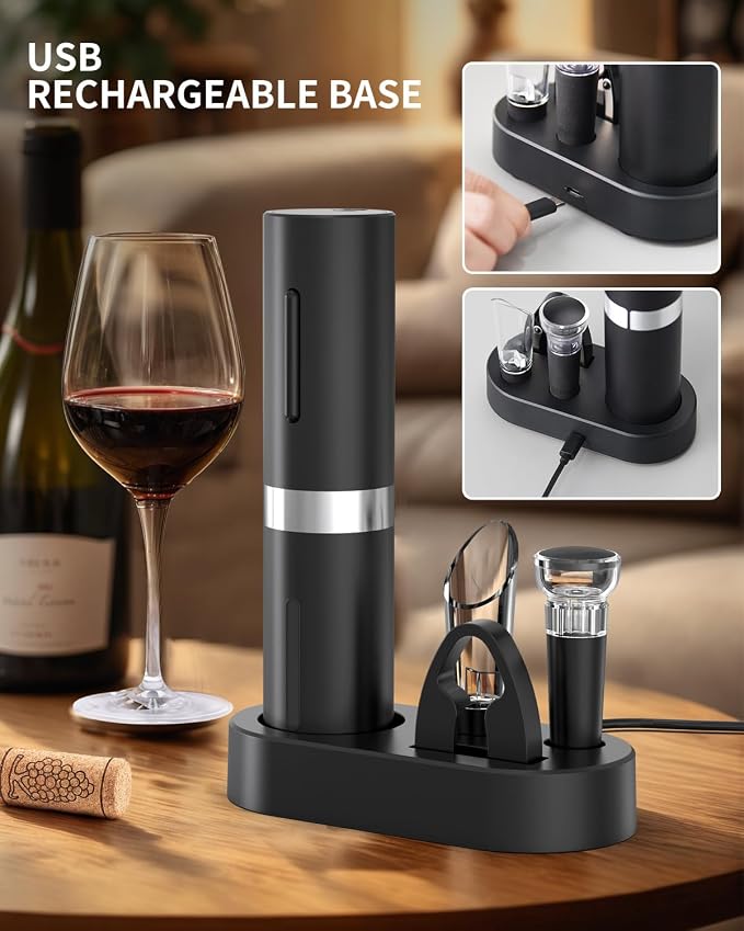 CIRCLE JOY Electric Wine Bottle Opener Set Rechargeable Wine Corkscrew Cordless Wine Set with Charging Base, Foil Cutter, Wine Aerator Pourer and Wine Stopper, Black