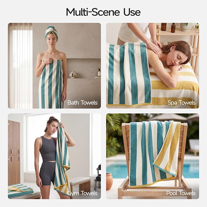 REDKISS 2 Pack Extra Large Striped Bath Towels, 31 x 63 Inches, 100% Cotton, Larger & Quicker to Dry, Super Soft and Highly Absorbent Towel, Perfect for Bathroom, Green