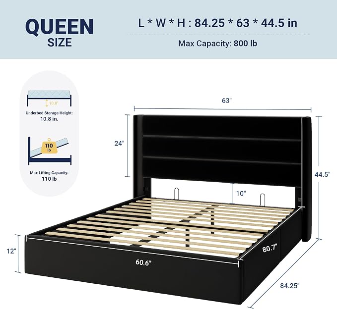 Allewie Queen Size Lift Up Hydraulic Storage Bed Frame Black | Modern Wingback Headboard, Hydraulic Support Storage, No Box Spring Needed