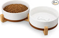 MALACASA Dog Bowls Set with Wooden Stand, 6 Cups Food Water Bowl Set for Medium to Large Size Dogs, Ceramic Pet Bowls with Weighted Non-Slip Base, Basic Bowls for Your Dog,58Oz