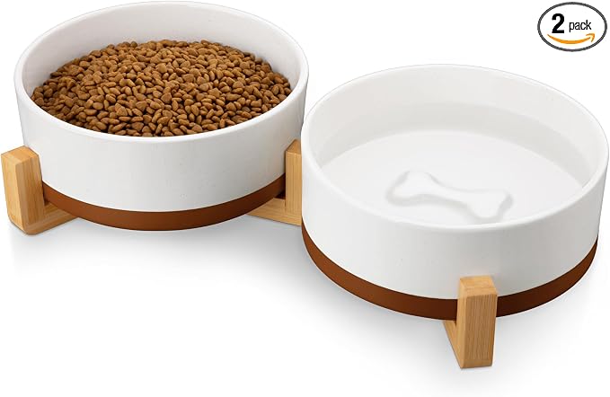 MALACASA Dog Bowls Set with Wooden Stand, 6 Cups Food Water Bowl Set for Medium to Large Size Dogs, Ceramic Pet Bowls with Weighted Non-Slip Base, Basic Bowls for Your Dog,58Oz
