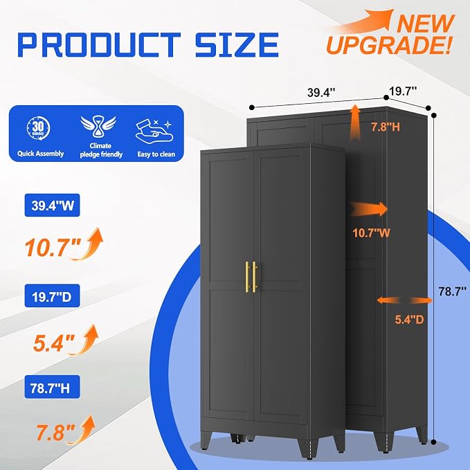 GAIOUS 79" Tall New Update Kitchen Pantry Cabinet, Metal Storage Cabinet | with 2 Doors and 5 Adjustable Shelves, Steel Cupboard for Kitchen Dining Bathroom Bedroom, Black, Freestanding, Wider Deeper