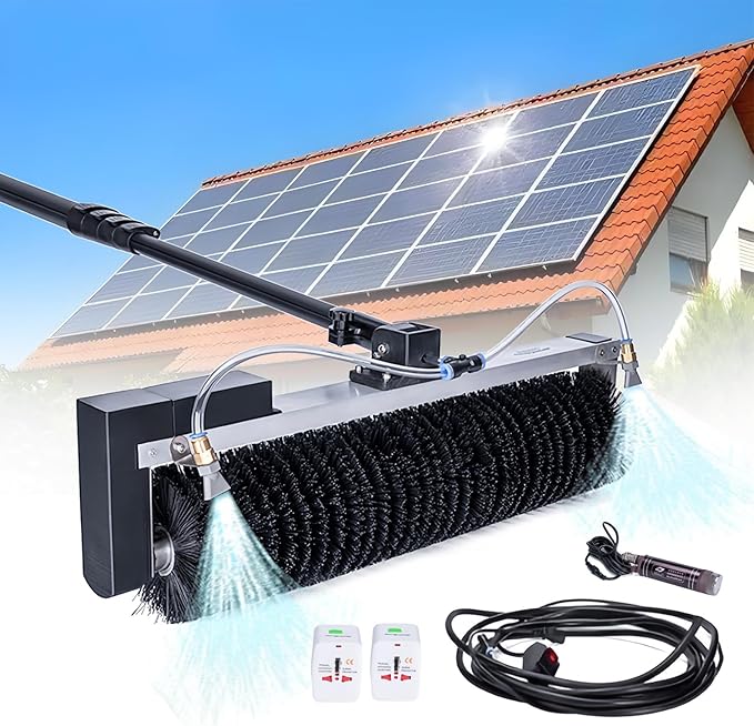 Solar Panel Cleaning Kit, Automatic Rotary Cleaning Brush, Solar Panel / Roof Water Brush, Window Cleaner, Special Roof Water Brush with Adjustable Extension Rod with two Power Converter,7.5M/25Ft