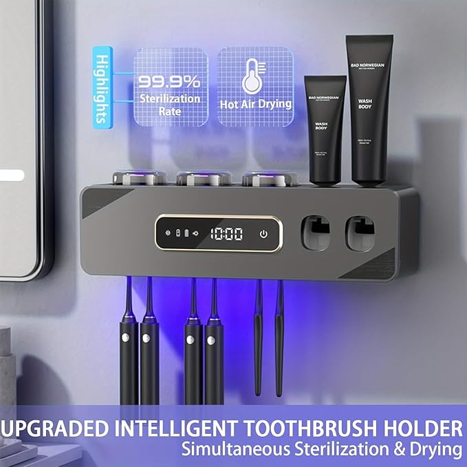 Generic Toothbrush Holder for Bathrooms, Toothbrush Holder with Automatic Toothpaste Dispensers, Smart Drying and Cleaning, Easy Installation, Rust-Resistant, and Hygienic (Black)