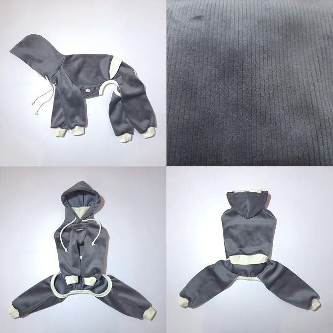D Doggy Star Italian Greyhound Clothes, Corduroy Velvet Hooded Jumpsuit, Stretchy and Cozy (M,Hoodie Charcoal)