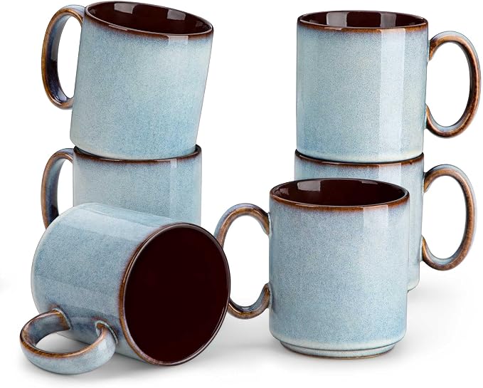 vancasso ONION Ceramic Coffee Mugs Set of 6, 16 Oz Coffee Cups for Latte, Cappuccino, Tea & Hot Cocoa, Artisan Modern Style for Coffee Bar, Home & Kitchen, Microwave & Dishwasher Safe, Light Blue Gray