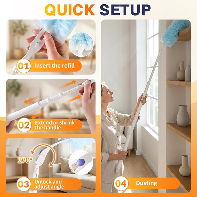 30 Count Duster Refills for Swiffer Dusters, Multisurface 360 Dusters with 3ft Extendable Handle and 1 Short Handle, Disposable Duster Kit for Dusting Furniture Blinds Fans Walls