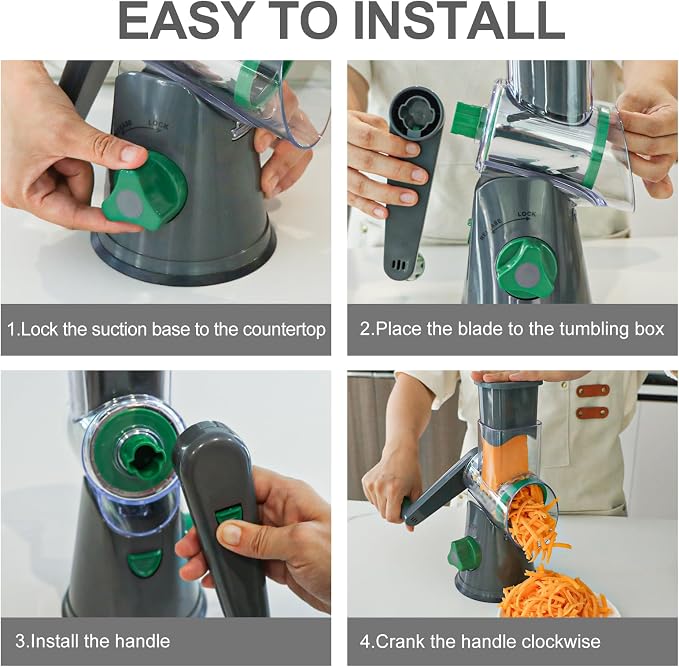 Cambom Rotary Cheese Grater Hand Crank Cheese Shredder for Fresh Cheese, Vegetable, Nuts,Non-slip Suction Base, Three Blades, Gray Green