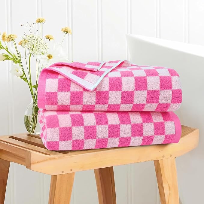 Jacquotha Hot-Pink Checkered Cotton Bath Towels Set of 2 | Cute Aesthetic Bathroom Towels for Women Girls Teens, Bathroom Decor 27.5" x 55"