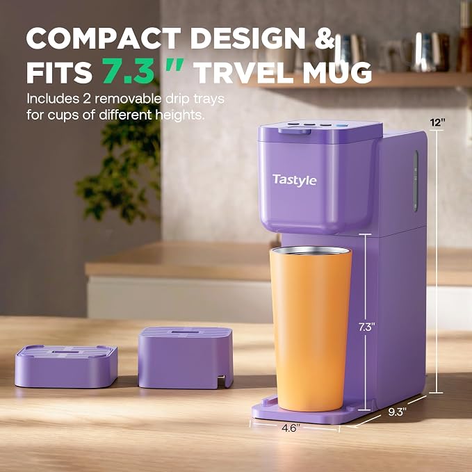 Tastyle Single Serve Coffee Maker Hot and Iced with Bold Brew, Up to 16 Oz | for K Cup and Ground, Fits 7.3'' Travel Mug, 5 Cup Sizes, Compact for Office, RV& Hotel, K320, 3.0 Version, Purple