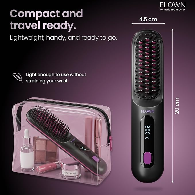 FLOWN® Original Go Brush PRO [Five Minutes Hair Styling Routine] - No Damage Heat Brush with USB-C Charger - Electric Travel Pocket Brush for All Hair Types - Black (Formerly Numoya)
