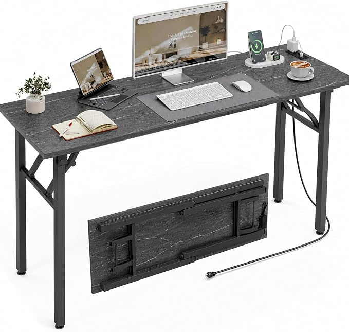 XBurmo Small Folding Desk Folding Table, No Assembly Foldable Desk Gaming Desk, 55.1-Inch Computer Table Workstation with 2 AC Outlets and 2 USB Ports for Bedroom and Home Office, Marble Greige
