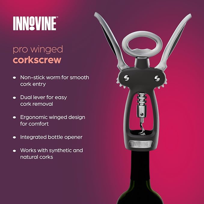 Innovine Pro Winged Corkscrew 3-Piece Wine Gift Set – Winged Corkscrew, 6-Blade Foil Cutter & Drip Stop Pour Spout – Easy Cork Removal, Foil Cutting, Drip-Free Pouring – Ideal for Home Bar & Gifting