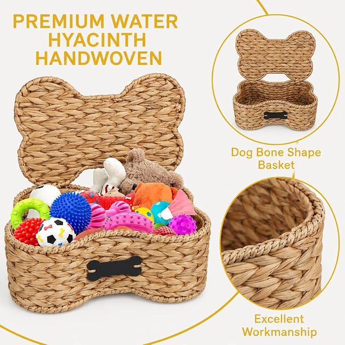 Dog Toy Basket with Lid, Bone Shape Wicker Pet Toy Storage Bin, Handmade Water Hyacinth Dog Organizer with Name Label, Dog Cat Toy Basket Holder Box for Living Room, Leashes, Balls, Blankets