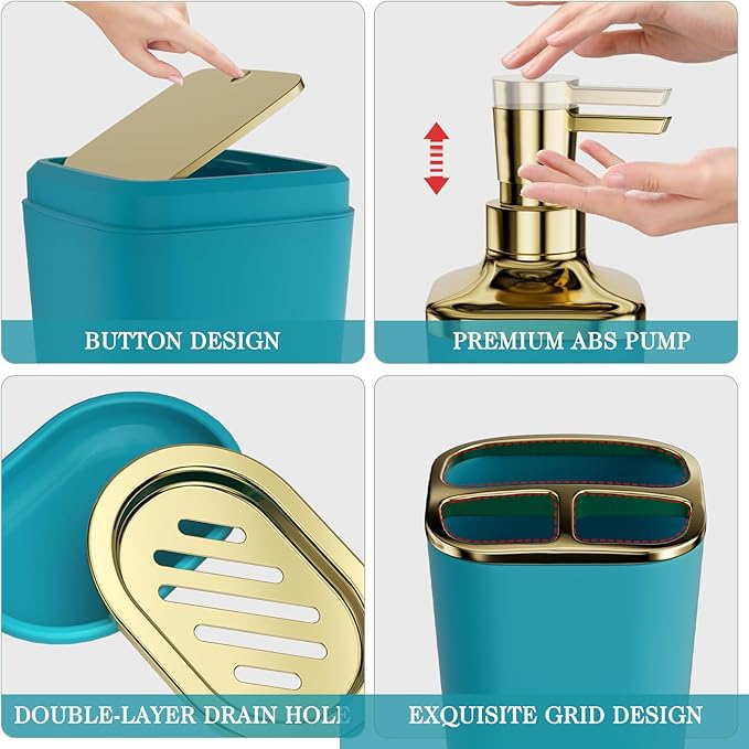 XLHOMO Bathroom Accessories Set - 25PC Bathroom Set with Shower Curtain and Rugs, Teal Blue Bathroom Set, Bathroom Accessory Set with Press-on Lid Trash Can, Soap Dispenser and Qtip Holders