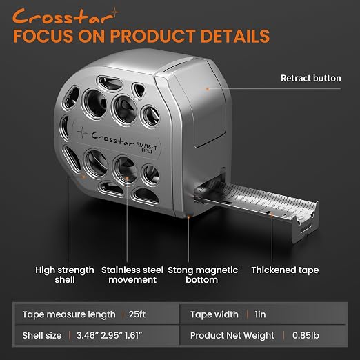 Crosstar 2 Pack 25FT Magnetic Self-Locking Stainless Steel Tape Measure, Double-Sided Scale, Waterproof & Rustproof Retractable Measuring Tape with Hollow Design for Home, Industrial, Woodworking