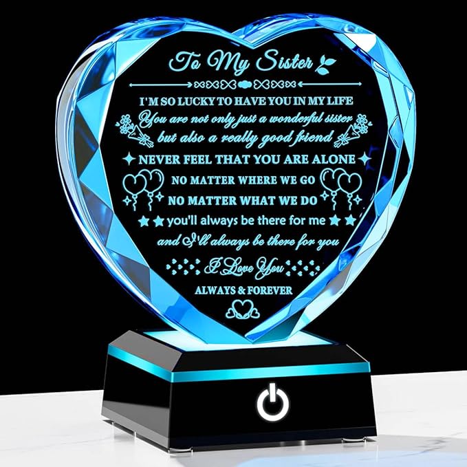 Arikyrist Sister Gifts from Sister Brother with Colorful LED Base Birthday Gifts Idea for Sisters Crystal Heart Keepsake Sisters Gift for Women for Christmas Mother's Day Valentines