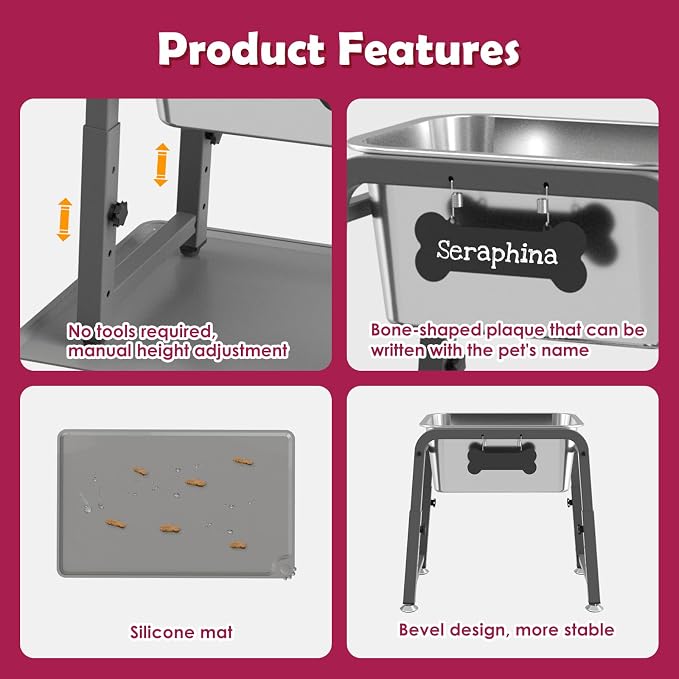 2.8 Gallon Elevated Large Dog Water Bowl with Mat, 4 Height Adjustable 10.4-15.2", Raised Dog Water Bowl Stand for Large Breed