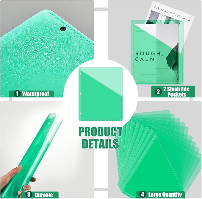 Seajan 48 Pcs Pocket Folders for 3 Ring Binder Clear Plastic Folders Sleeves with 2 Pockets 3 Hole Punch Binder Dividers Poly Slash File Jackets for Office School Document Organizer (Green)