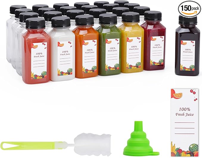 OBKJJ Plastic Juice Bottles 150 pcs 8 oz Empty Plastic Water Bottles with Caps Reusable Clear Beverage Containers for Drinking, Juicing, Smoothie, Water with 2 Brushes, 2 Funnels, 160 Stickers (8 OZ)
