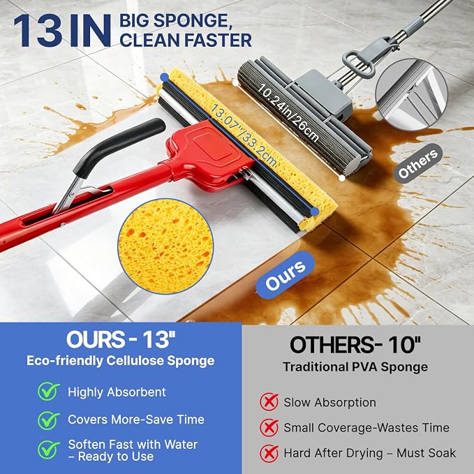 Commercial Sponge Mop for Floor Cleaning with 2 Compressed Cellulose Replacement Heads, Heavy Duty Industrial Mops for Hardwood Tile Laminate Marble, for Office Workshop Warehouse Garage Home Kitchen