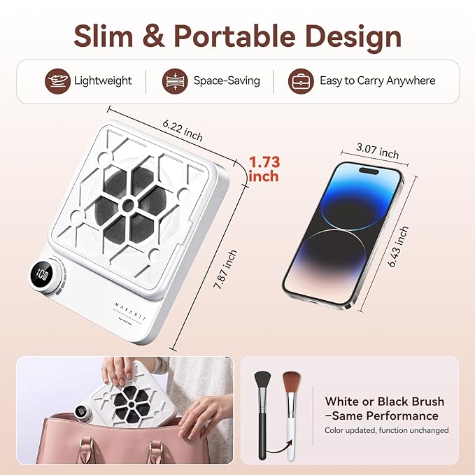 Makartt Compact Rechargeable Nail Dust Collector - 5500RPM Dust Collector Nail Tech ERYNOS Adjustable Speed,Quiet for Polishing Cuticle Manicure Salon&Home Use With 10pcs Filters&Dust Brush White