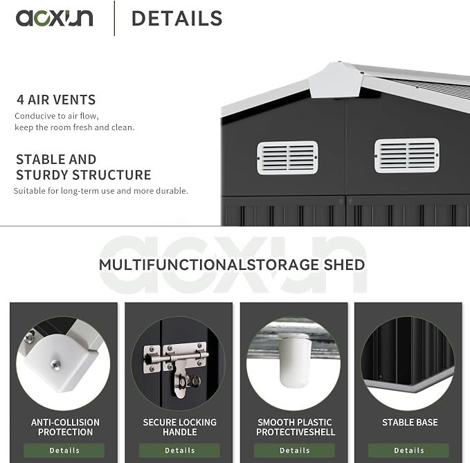 Aoxun 9.8x7.6 FT Shed Outdoor Storage Shed, Black | Metal Shed with Lockable Doors & Slooping Roof Garden Tool Shed for Backyard, Patio, Poolside