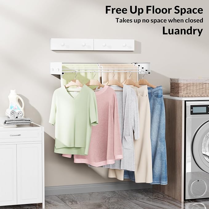 Foldable Wall-Mounted Clothes Drying Rack, 23.6 Inches, Holds up to 60 lbs | Waterproof & Moisture-Resistant, 4 Towel Hooks & 4 Drying Rods, Space-Saving for Bathrooms, Balconies, Hallways and Garages