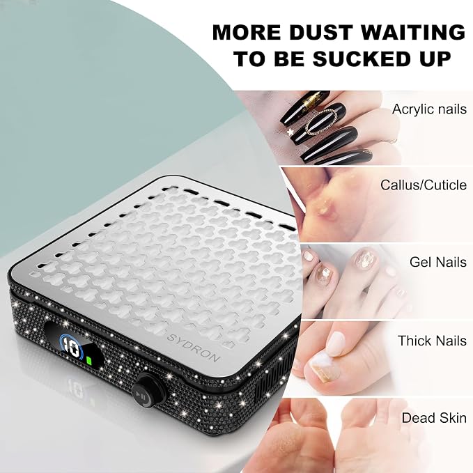 Nail Dust Collector | 1000PA Nail Dust Collector Quiet | 10 Speed Levels | Low Noise & Strong Suction | Reusable Filter, 10 Pads + Nail Dust Brush | for Acrylic Nails, Salon & Home - Black Diamond