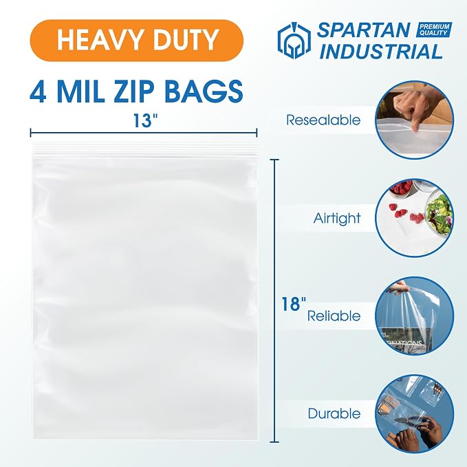 Spartan Industrial - 13” X 18” (100 Count) 4 Mil Thick Clear Reclosable Zip Plastic Poly Bags with Resealable Lock Seal Zipper - Heavy Duty and Durable