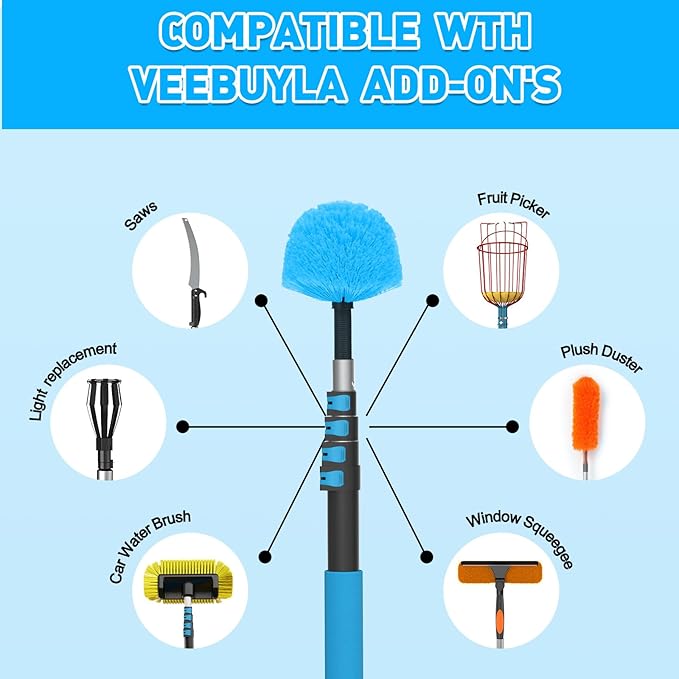 26FT Reach Cobweb Duster with Extension Pole - Spider Web Brush for Cleaning with 5-20FT 4-Section Flip-Lock Telescopic Pole, Effortlessly Cleans High Indoor & Outdoor Webs