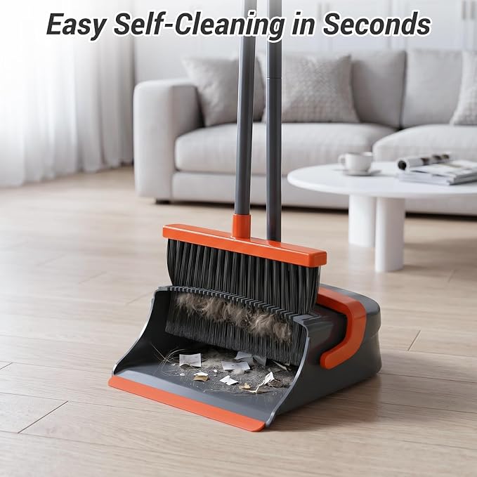 Broom with Dustpan Combo Set, Long Handle Upright Standing Self-Cleaning Broom and Dustpan Set for Pet Hair & Dust Cleanup, Indoor Outdoor Use for Home, Kitchen, Office, Orange & Gray