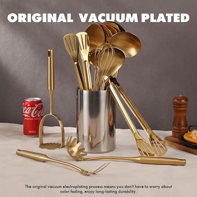 Gold Cooking Utensils Set - 16 PCS All Metal Small and Large Spoons Set | 18/10 Stainless Steel Kitchen Tools, 15″ Serving Utensil - Whisk, Masher, Fork, Tongs, Spatula, Turner, Ladle, Skimmer, Pasta