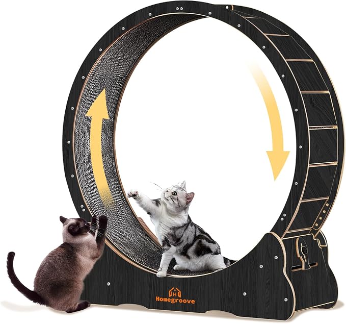 Homegroove Cat Wheels for Indoor Cats, 43" Large Cat Exercise Running Treadmill Wheel with Carpeted Runway for Kitty’s Longer Life, Black(L)