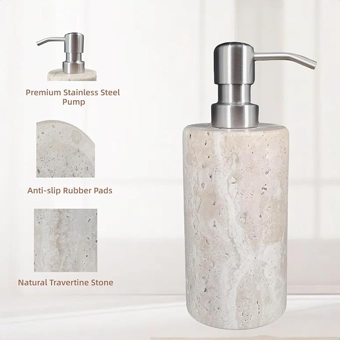 Natural Travertine Marble Soap Dispenser with Stainless Steel Pump, Marble Lotion Liquid Soap Bottles for Kitchen Bathroom