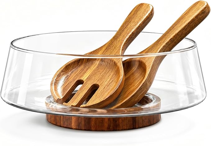 SoulTimes 4.7Qt Extra Large Glass Salad Bowl Set - Party Salad Bowls with Wood Base & Serving Utensils for Fruits, Pasta, etc. Clear Glass Bowl Set - Elegant Holiday Gift Choices