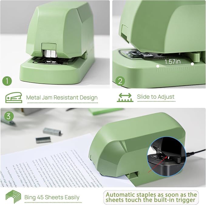 Electric Stapler for Desk Value Pack, 45 Sheet Capacity, Includes 1500 Staples & Staple Remover, No-Jam, Faster Stapling, AC Adapter Powered, Saga Green