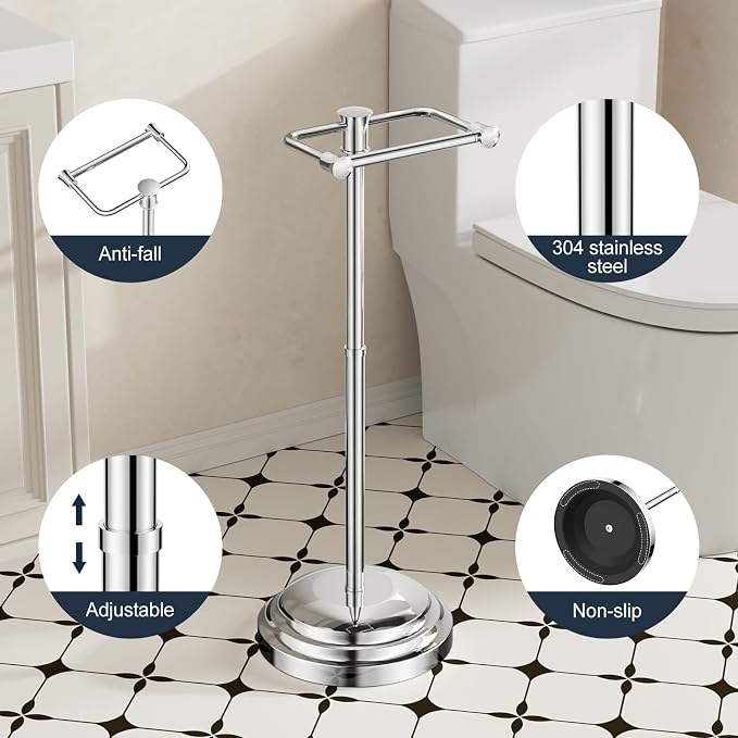 Bathroom Toilet Paper Holder Stand, Polished Chrome Toilet Paper Holder Free Standing, Stainless Steel Pivoting Toilet Tissue Roll Holder，Adjustable Height (14 to 24 Inch) Paper Holder