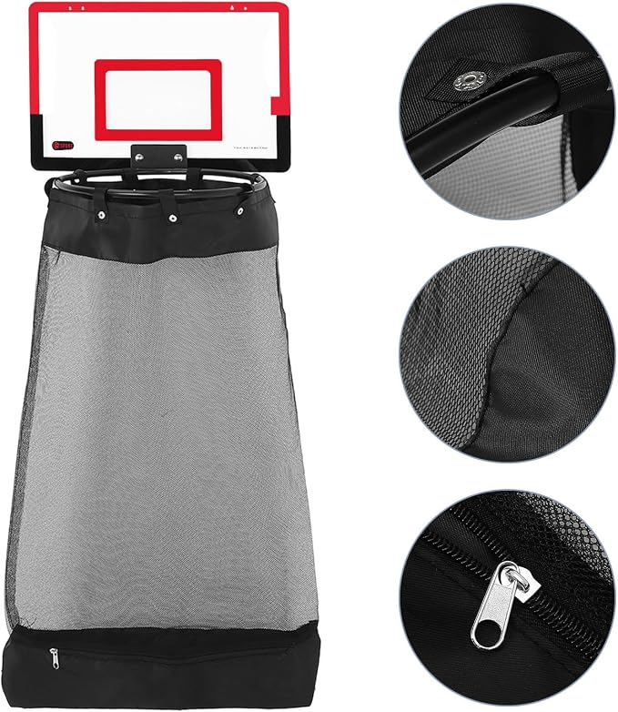 Basketball Hoop Laundry Basket with Rounded Mouth and Smooth Edges, Easy Installation with Zipper and Universal Hooks, Plastic Mesh Material the Door Clothes Hamper for Home