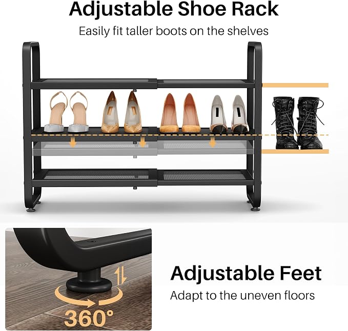 SNTD Shoe Rack - Expandable Shoe Organizer for Closet, Adjustable Metal Shoe Shelf Storage, Stackable Long Shoe Stand Holder for Garage, Entryway, Door Entrance (Black, 3-Tier)