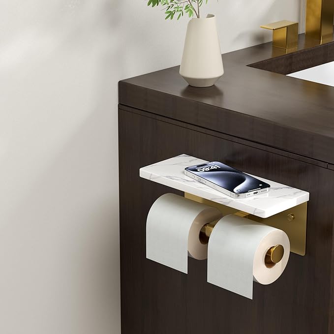 FORIOUS Toilet Paper Holder with Shelf, Marble Wall Mount Tissue Roll Holder for Bathroom, Washroom, 304 Stainless Steel Double Commercial Toilet Tissue Dispensers with Phone Shelf, Brushed Gold