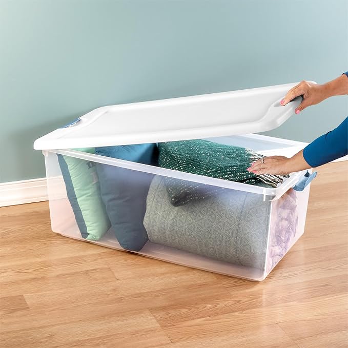 Sterilite 12-Pack Latching Box, Under Bed Storage Bins with Lids, Clear Plastic, 106 Quart - Heavy-Duty Organizing Containers for Closet, Bathroom, and Office