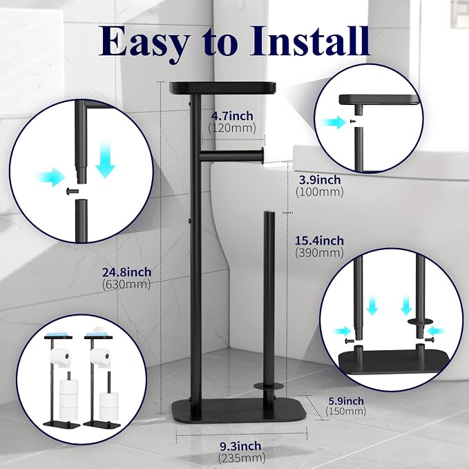 Kitsure Toilet Paper Holder Free Standing – Rustproof Metal Toilet Paper Stand for 4 Rolls with Anti-Slip Base and Shelf for Phone & Small Items, Bathroom Organizers and Storage, Medium, Black, 2Pack