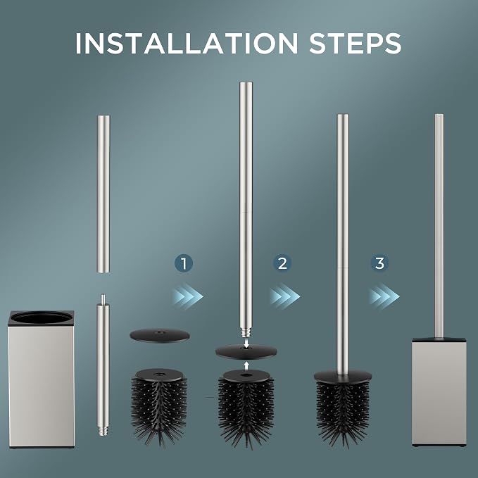 FORIOUS Short Toilet Brush and Holder Set, Heavy Duty 304 Stainless Steel Base Square and Long Handle for Bathroom Deep Cleaning, Space Saving for Storage, 2 Toilet Bowl Brush Head, Brushed Nickel