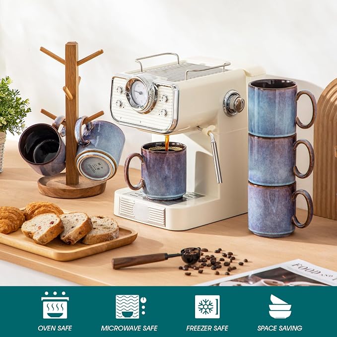 vancasso ONION Ceramic Coffee Mugs Set of 6, 16 Oz Coffee Cups for Latte, Cappuccino, Tea & Hot Cocoa, Artisan Modern Style for Coffee Bar, Home & Kitchen, Microwave & Dishwasher Safe, Deep Blue Gray