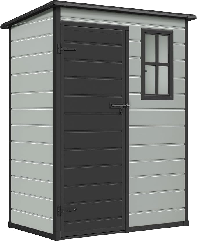 DWVO 5x3 FT Outdoor Storage Shed with Reinforced Floor, All-Weather Resin Storage Shed with Lockable Door & Window, Waterproof Plastic Tool Shed for Garden, Backyard, Patio, Lawn,Blue-Gray+Black