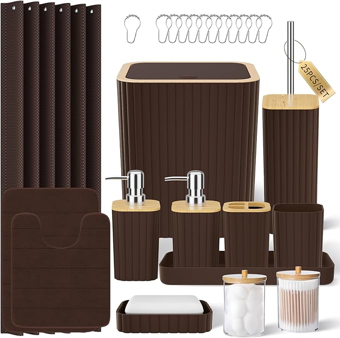 XLHOMO Bathroom Accessories Set - 25PC Brown Bathroom Set, Bathroom Set with Shower Curtain and Rugs, Brown Shower Curtain Set, Toilet Brush, Bathroom Trash Can