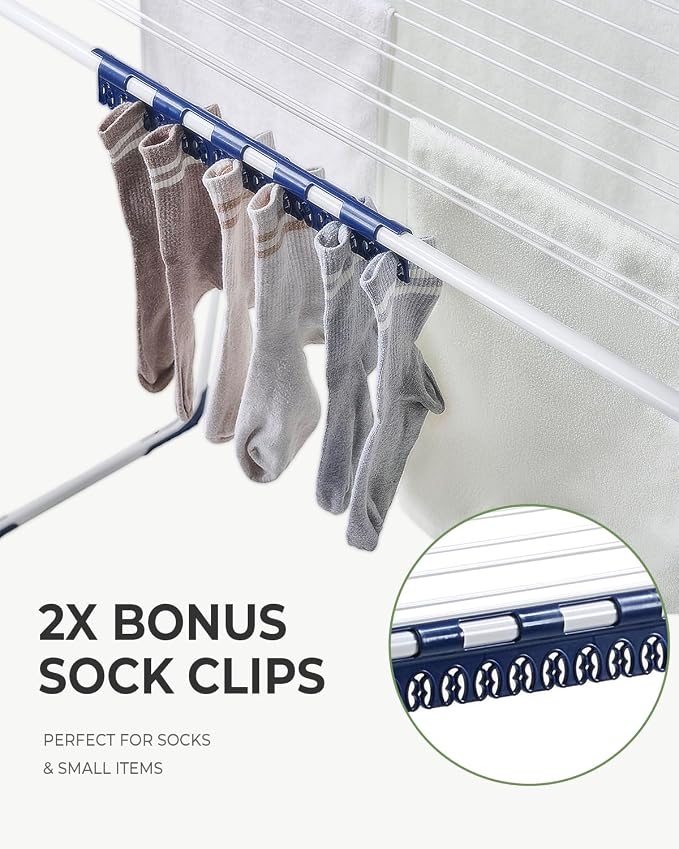 JS HANGER Extendable Clothes Drying Rack with Fold-Out Wings & Sock Clips, Expands from 41" to 67", Extra Wide Laundry Drying Rack Indoor Outdoor, Folding Rack for Clothes, Towels & Delicates