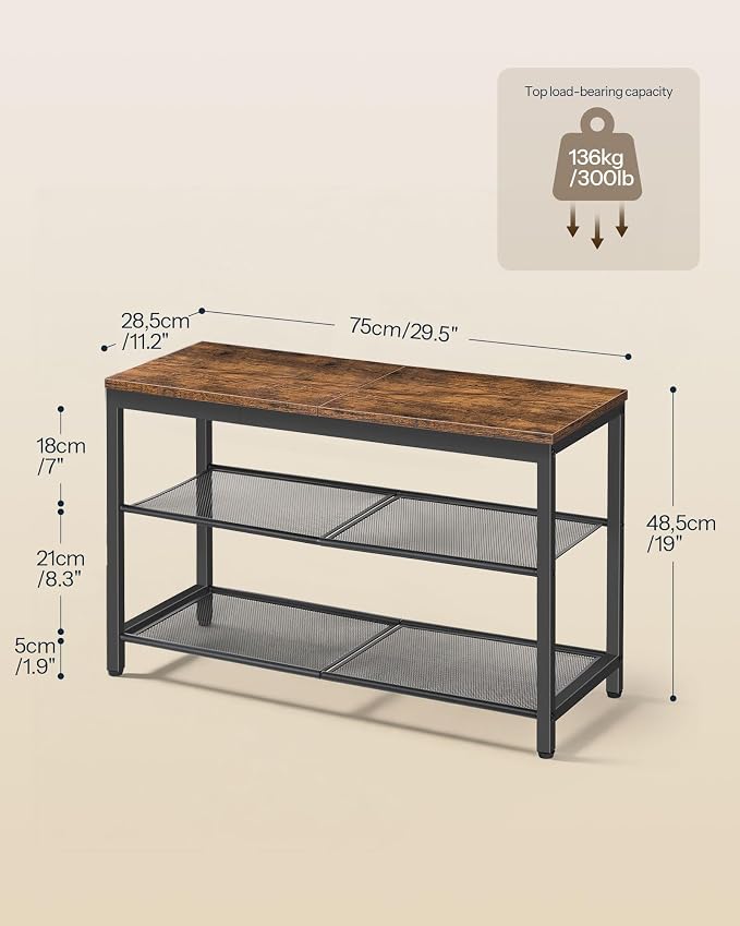 HOOBRO Shoe Bench, 3-Tier Shoe Rack, Industrial Shoe Organizer Storage Bench, 29.5 inches Entry Bench with Mesh Shelves, for Entryway, Living Room, Hallway, Easy Assembly, Rustic Brown BF75HX01